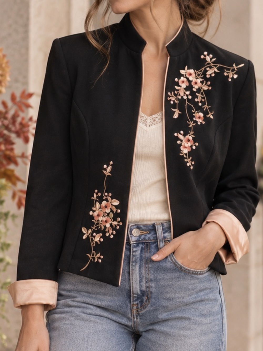 Jessica Howard Black Floral Embroidered Mandarin Collar Jacket Blazer Medium